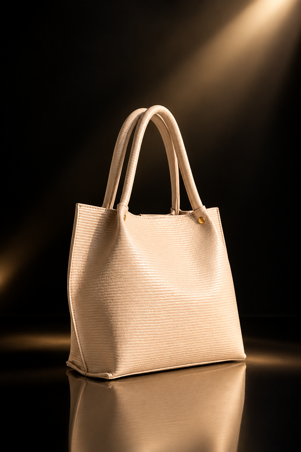 Elegant Beige Textured Tote Bag for Women – Luxury Shoulder Handbag with Gold-Tone Details