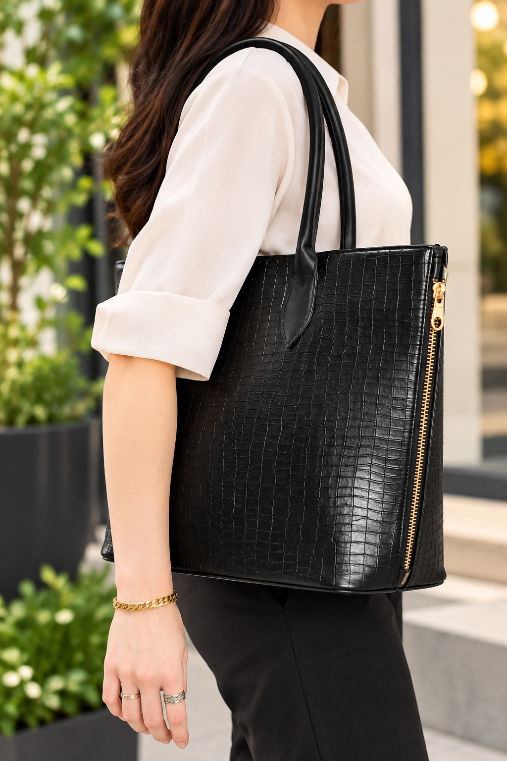 Women’s Black Crocodile Pattern Tote Bag – Large Faux Leather Shoulder Handbag with Zipper