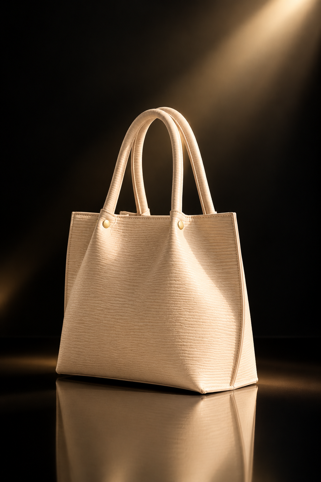 Elegant Beige Textured Tote Bag for Women – Luxury Shoulder Handbag with Gold-Tone Details