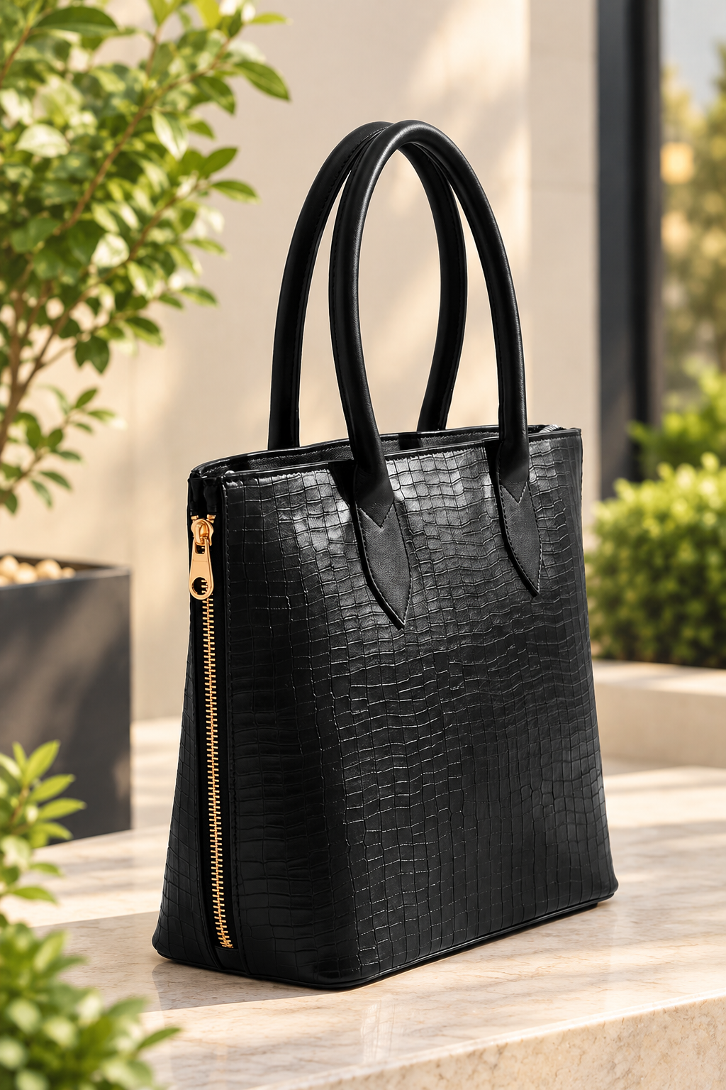 Women’s Black Crocodile Pattern Tote Bag – Large Faux Leather Shoulder Handbag with Zipper