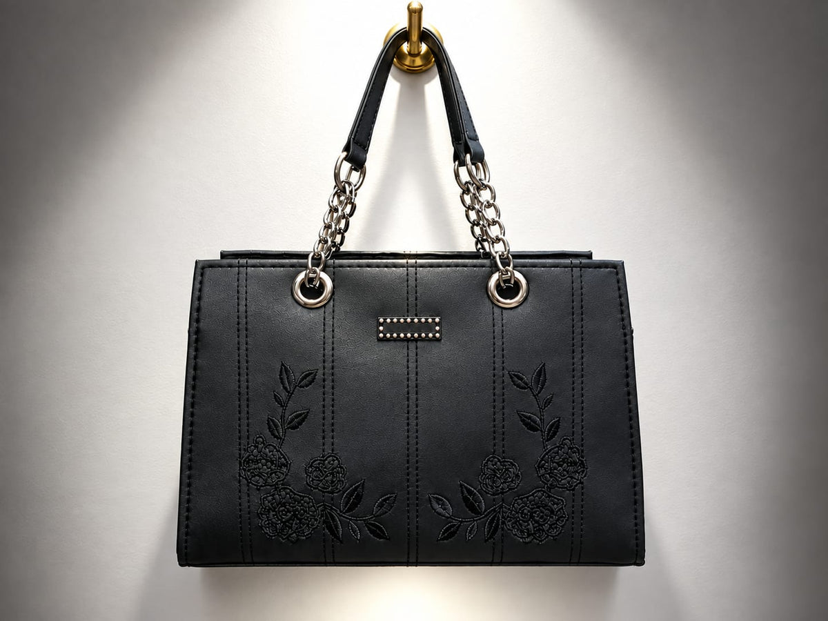 Women's Black Embroidered Handbag – Floral Faux Tote