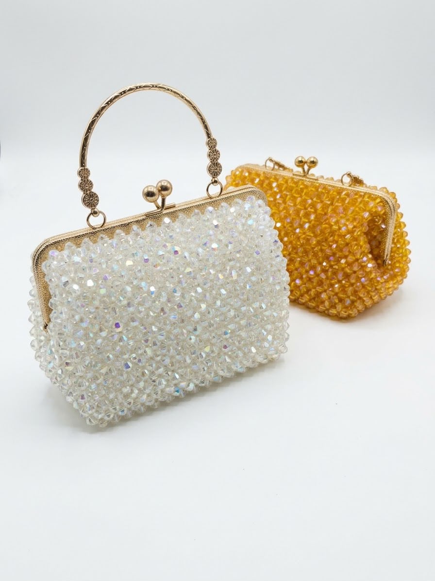 Handmade Pearl Crystal Clutch Bag – Elegant Beaded Evening Purse with Gold Handle