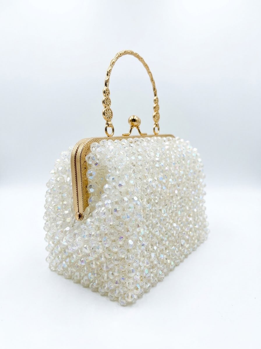 Handmade Pearl Crystal Clutch Bag – Elegant Beaded Evening Purse with Gold Handle