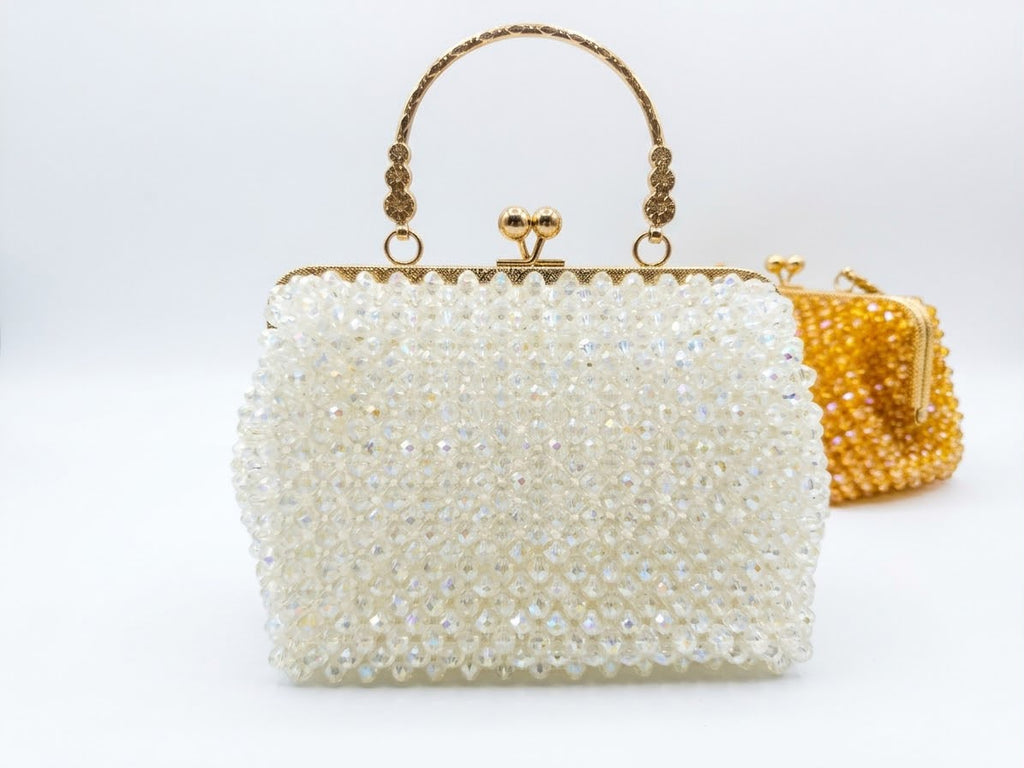 Handmade Pearl Crystal Clutch Bag – Elegant Beaded Evening Purse with Gold Handle