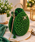 Handmade Emerald Green Beaded Handbag – Luxury Evening Purse with Gold-Tone Handle & Chain