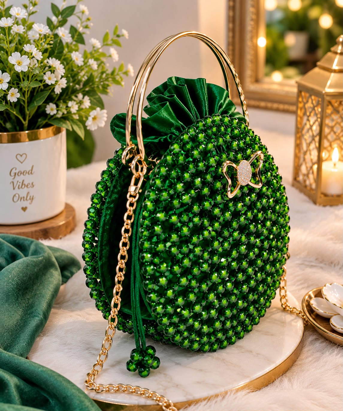 Handmade Emerald Green Beaded Handbag – Luxury Evening Purse with Gold-Tone Handle & Chain
