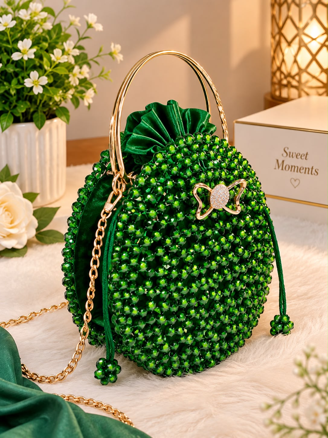 Handmade Emerald Green Beaded Handbag – Luxury Evening Purse with Gold-Tone Handle & Chain