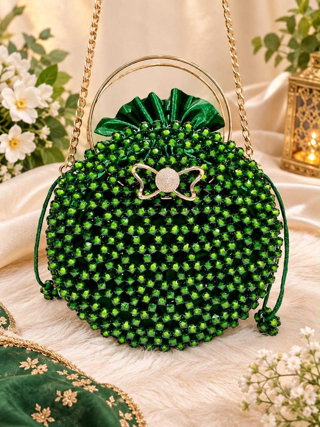 Handmade Emerald Green Beaded Handbag – Luxury Evening Purse with Gold-Tone Handle & Chain