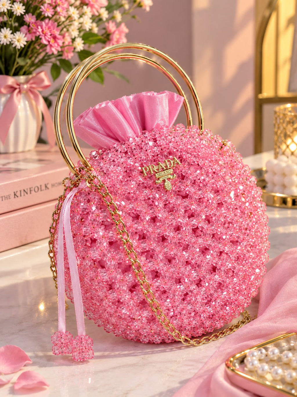 Handmade Pink Beaded Handbag – Elegant Evening Purse with Gold-Tone Handles & Chain Strap