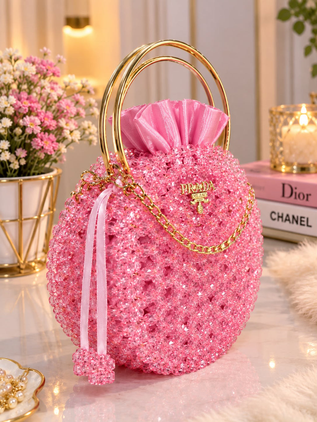Handmade Pink Beaded Handbag – Elegant Evening Purse with Gold-Tone Handles & Chain Strap