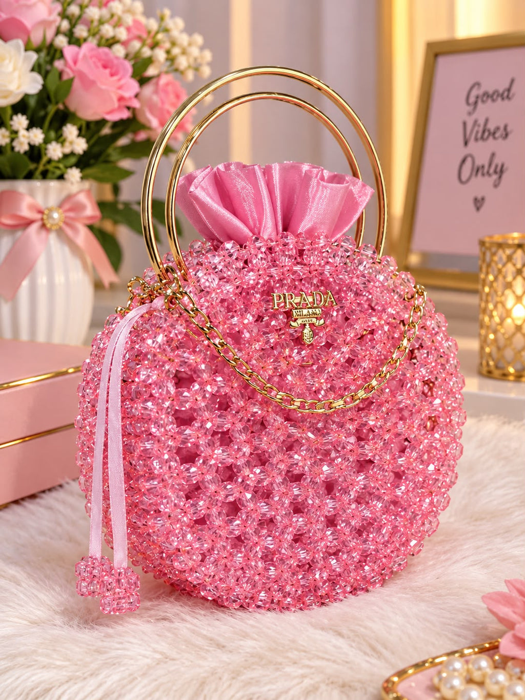 Handmade Pink Beaded Handbag – Elegant Evening Purse with Gold-Tone Handles & Chain Strap