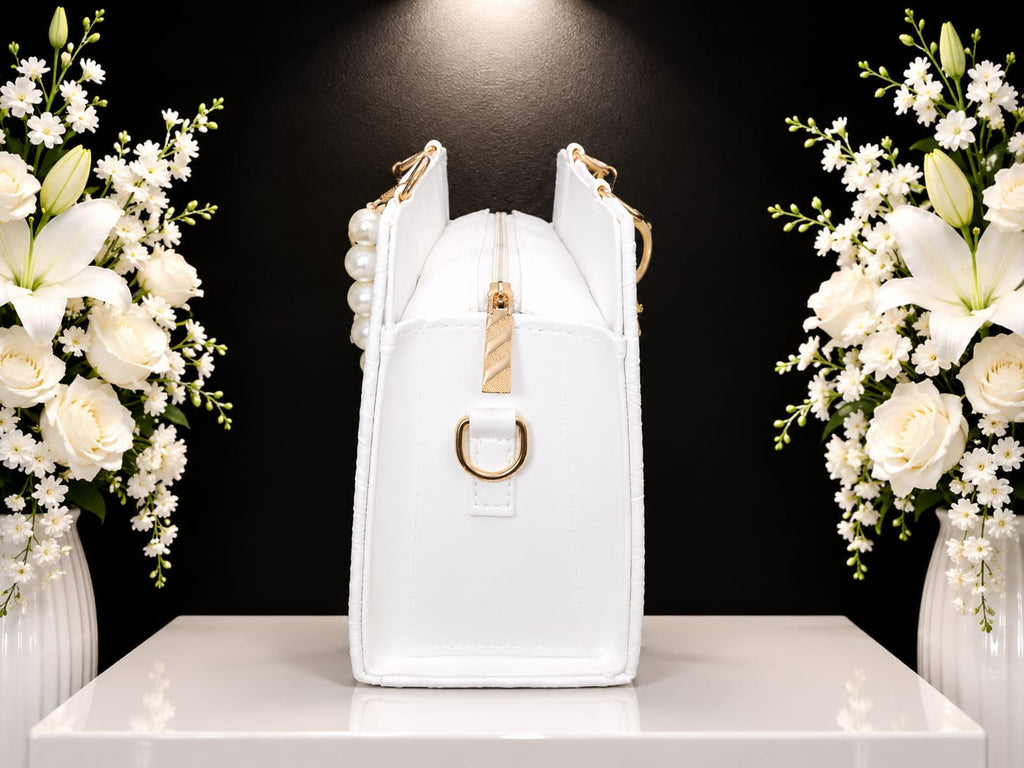 White Faux Rexine Bag for Women – Pearl Handle Stylish Handbag