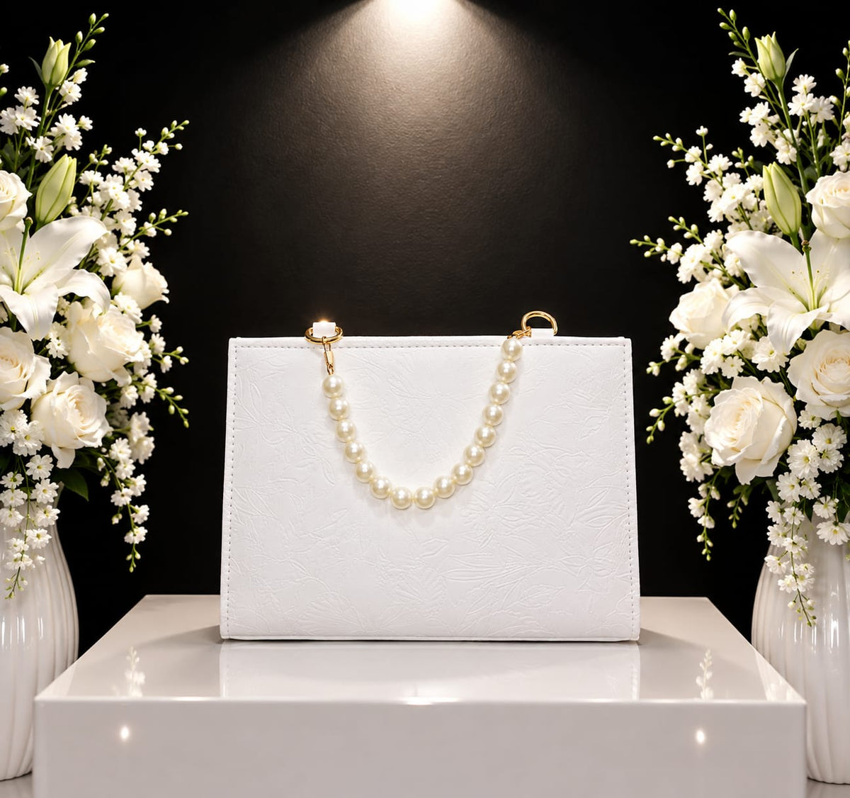 White Faux Rexine Bag for Women – Pearl Handle Stylish Handbag