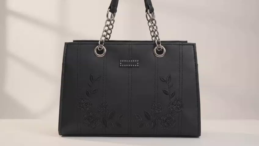 Women's Black Embroidered Handbag – Floral Faux Tote